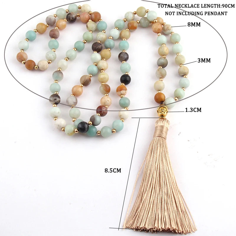 Fashion Bohemian Tribal Beige Tassel Yoga Jewelry Amazonite Stone Buddha Necklace For Women Lariat Necklaces