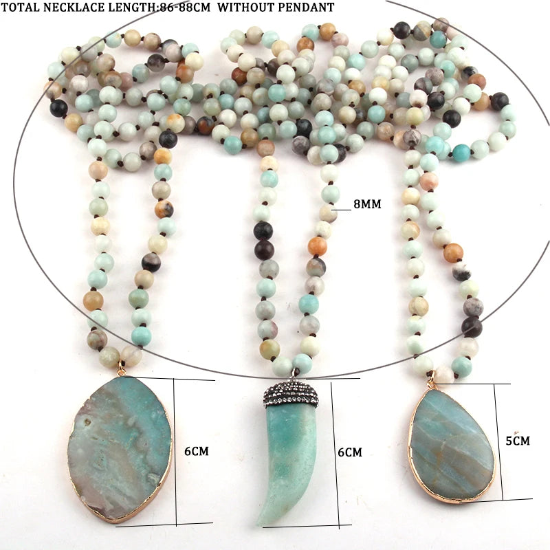 Fashion Bohemian Tribal Jewelry Amazonite Stones Long Knotted Stone Pendant Necklaces Women Ethnic Necklace