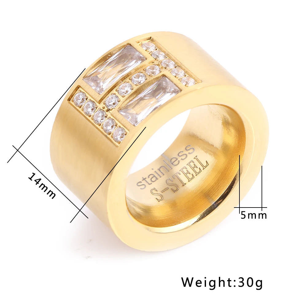 New Arrival Gold-Color Ring Bijoux 14mm Width Big Pave Setting CZ Zicon engagement Ring For Women Wedding Jewelry