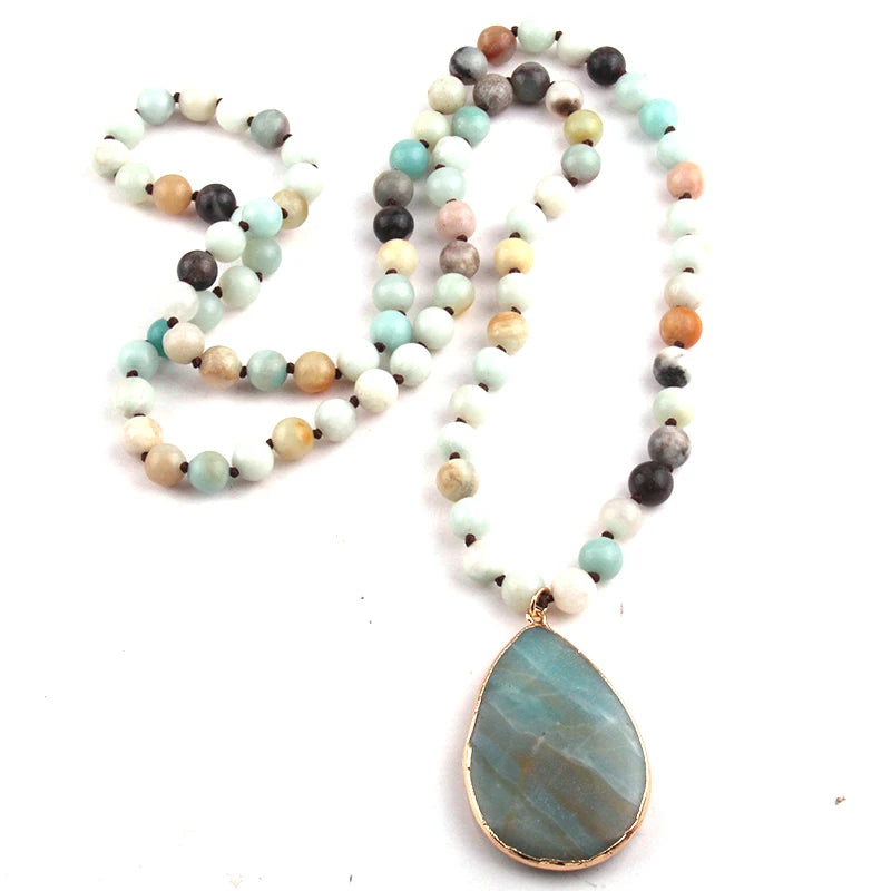 Fashion Bohemian Tribal Jewelry Amazonite Stones Long Knotted Stone Pendant Necklaces Women Ethnic Necklace