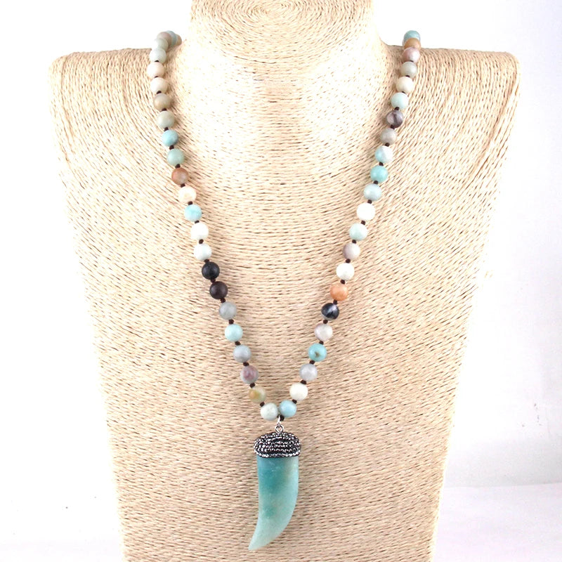 Fashion Bohemian Tribal Jewelry Amazonite Stones Long Knotted Stone Pendant Necklaces Women Ethnic Necklace