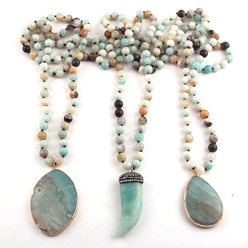 Fashion Bohemian Tribal Jewelry Amazonite Stones Long Knotted Stone Pendant Necklaces Women Ethnic Necklace