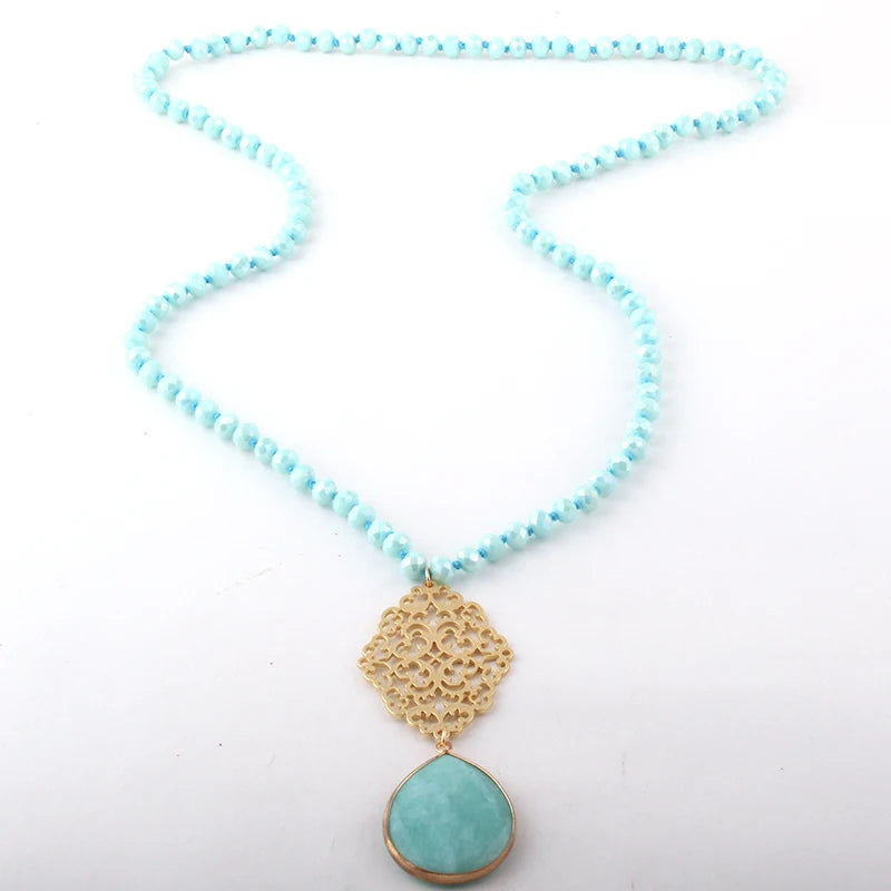 Fashion Bohemian Jewelry Glass Crystal Long Knotted Metall Grid Link Stone Drop Pendant Necklaces For Women Necklace