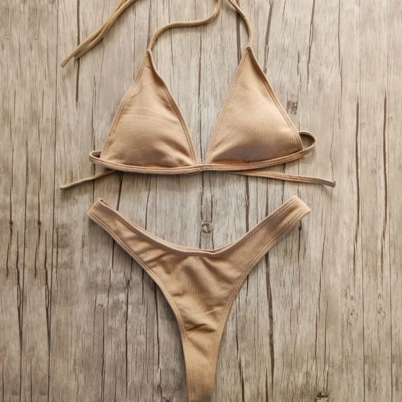 Bandeau Tanga Bikinis Ribbed Bikini 2025 Sexy High Cut Bikini Set Brazilian Swimsuit Thong Swimwear Women Girls Swimming Suit