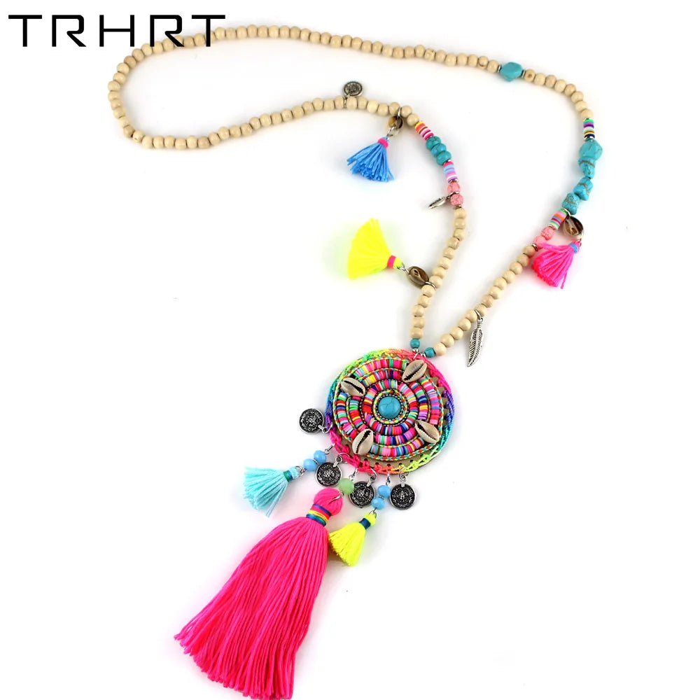 Bohemian Ethnic rainbow Beads Long Necklace Jewelry for Women necklace colorful Handmade Tassel pendant female dress