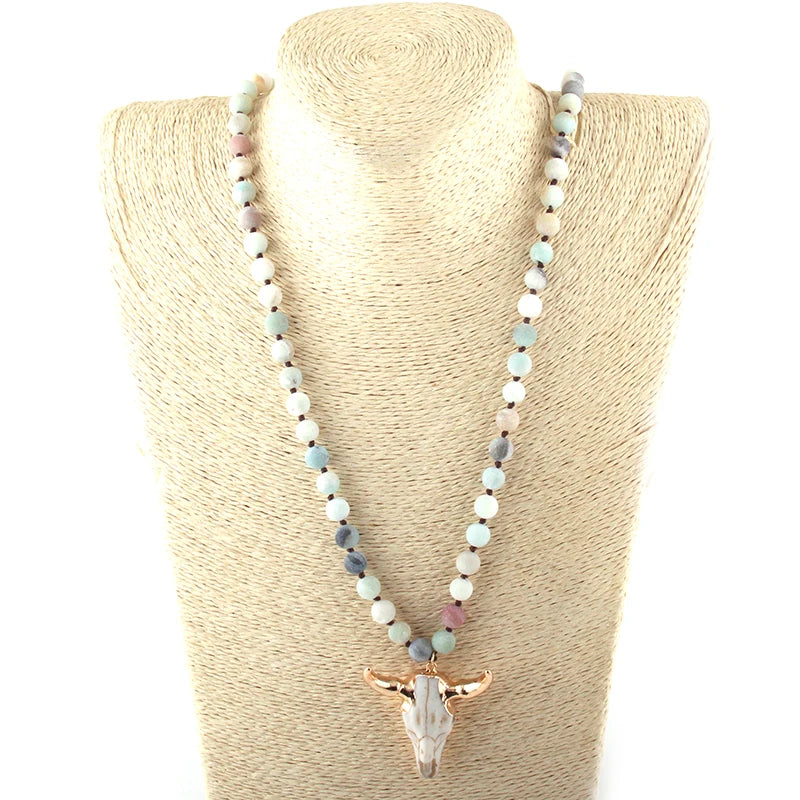 Fashion Bohemian Jewelry Amazonite Stone Knotted Horn Pendant Necklace For Women Beaded Necklace