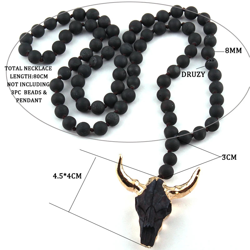 Fashion Bohemian Jewelry Natural open smile Druzy Bead Long Knotted 3 Color Horn Pendant Necklace For Women Ethnic Necklace
