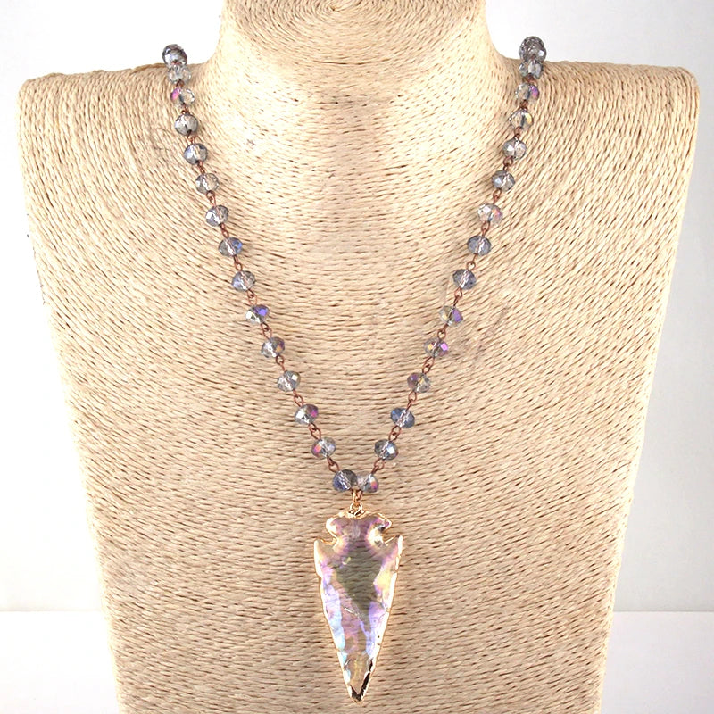 Fashion Bohemian Jewelry Glass Crystal Rosary Chain Crystal Arrowhead Pendant Necklaces