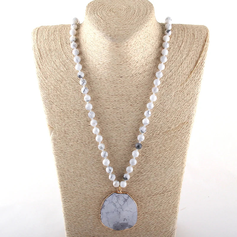 Fashion Natural Stone long Knotted Necklaces Facet Stone Drop Pendant Women Ethnic Necklace