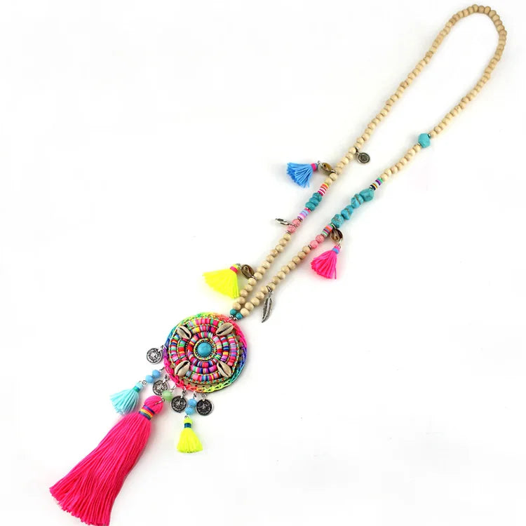 Bohemian Ethnic rainbow Beads Long Necklace Jewelry for Women necklace colorful Handmade Tassel pendant female dress