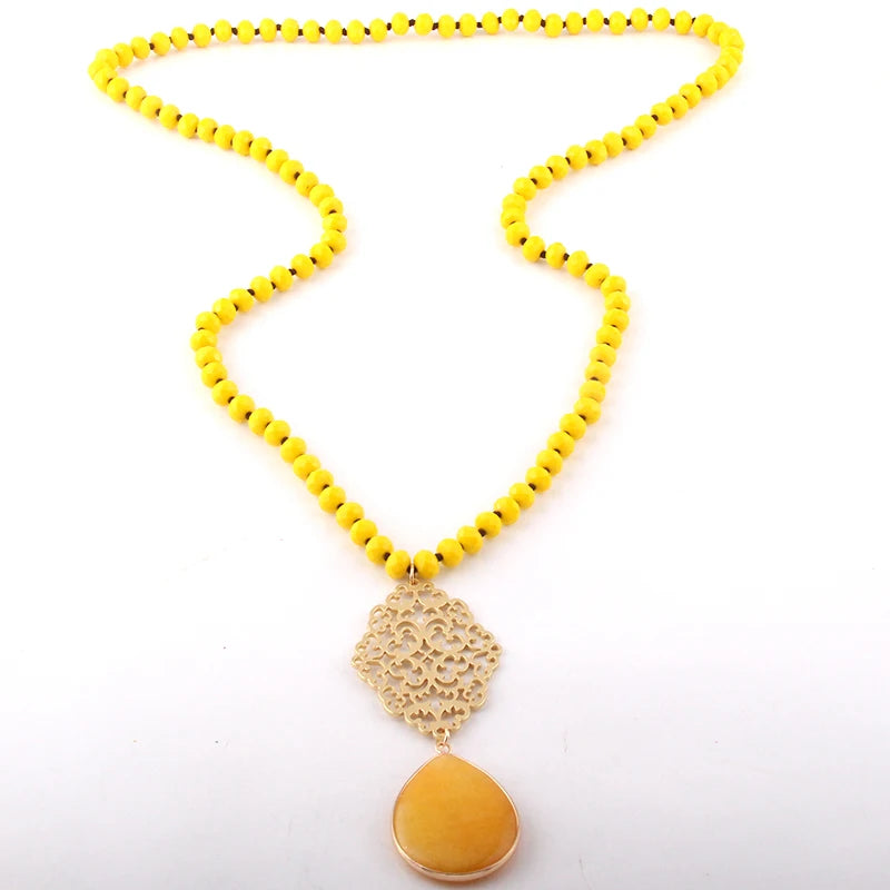 Fashion Bohemian Jewelry Glass Crystal Long Knotted Metall Grid Link Stone Drop Pendant Necklaces For Women Necklace