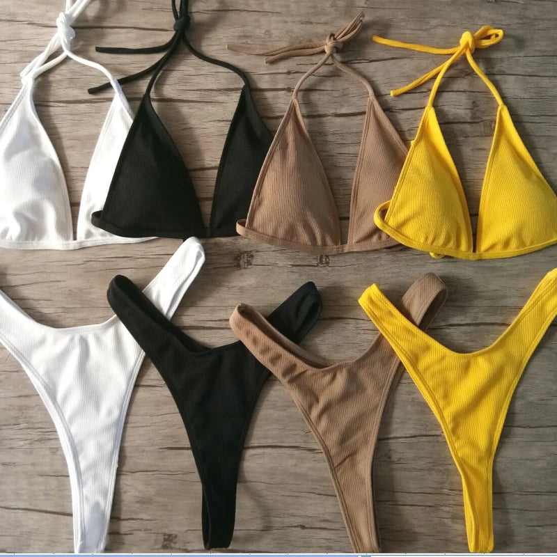 Bandeau Tanga Bikinis Ribbed Bikini 2025 Sexy High Cut Bikini Set Brazilian Swimsuit Thong Swimwear Women Girls Swimming Suit