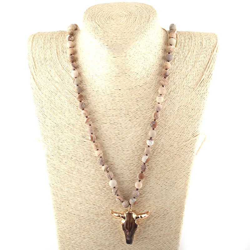 Fashion Bohemian Jewelry Amazonite Stone Knotted Horn Pendant Necklace For Women Beaded Necklace