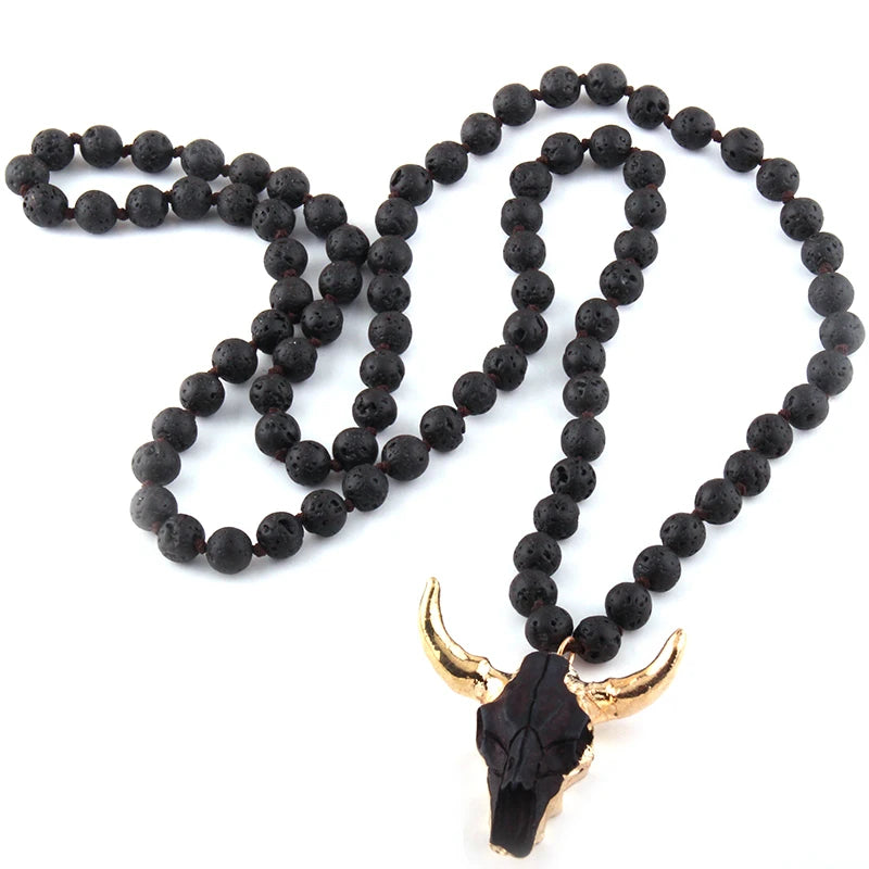 Fashion Bohemian Jewelry Amazonite Stone Knotted Horn Pendant Necklace For Women Beaded Necklace