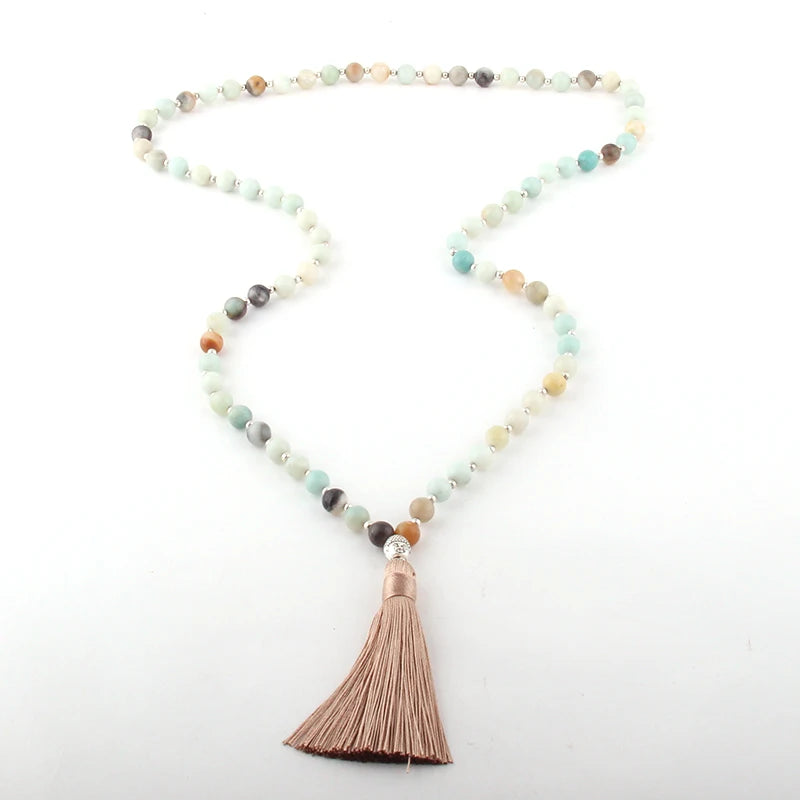 Fashion Bohemian Tribal Beige Tassel Yoga Jewelry Amazonite Stone Buddha Necklace For Women Lariat Necklaces