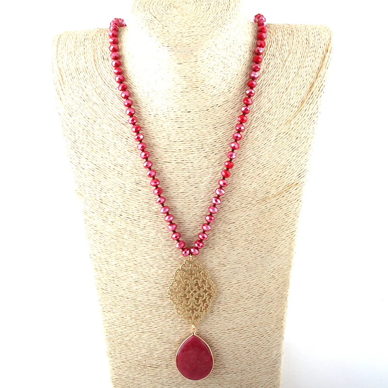 Fashion Bohemian Jewelry Glass Crystal Long Knotted Metall Grid Link Stone Drop Pendant Necklaces For Women Necklace
