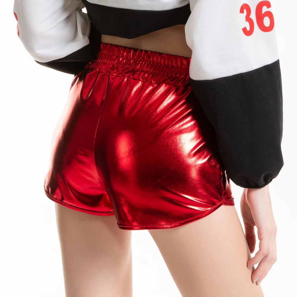 Women Skinny PU Leather Gold Leopard Shorts Summer Shiny Elastic Waist Metallic Booty Club Rave Festival HotPants Bottoms