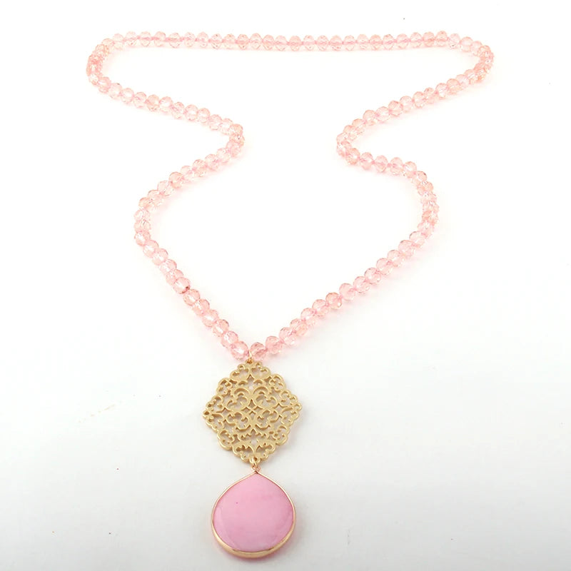 Fashion Bohemian Jewelry Glass Crystal Long Knotted Metall Grid Link Stone Drop Pendant Necklaces For Women Necklace