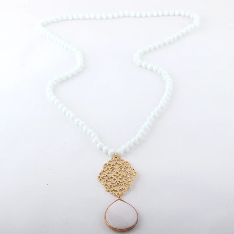 Fashion Bohemian Jewelry Glass Crystal Long Knotted Metall Grid Link Stone Drop Pendant Necklaces For Women Necklace