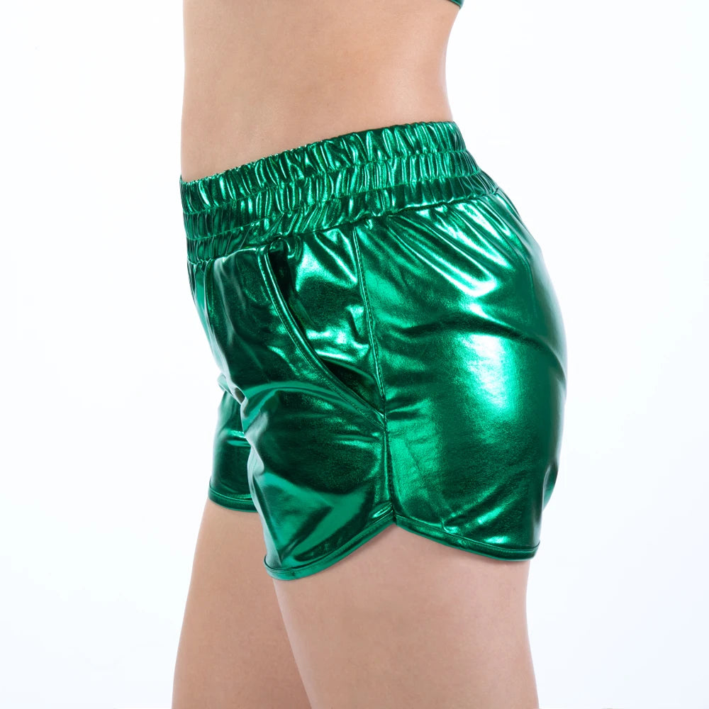 Women Skinny PU Leather Gold Leopard Shorts Summer Shiny Elastic Waist Metallic Booty Club Rave Festival HotPants Bottoms