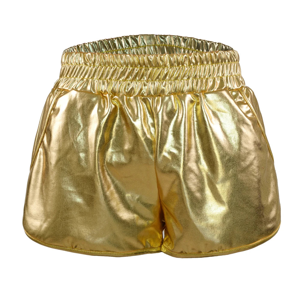 Women Skinny PU Leather Gold Leopard Shorts Summer Shiny Elastic Waist Metallic Booty Club Rave Festival HotPants Bottoms