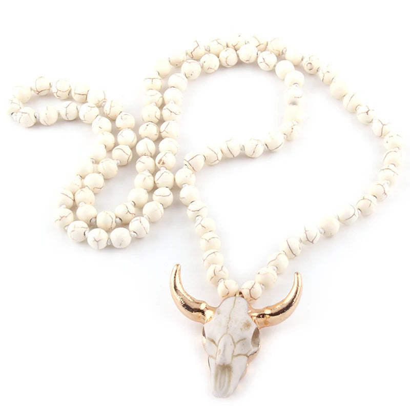Fashion Bohemian Jewelry Amazonite Stone Knotted Horn Pendant Necklace For Women Beaded Necklace