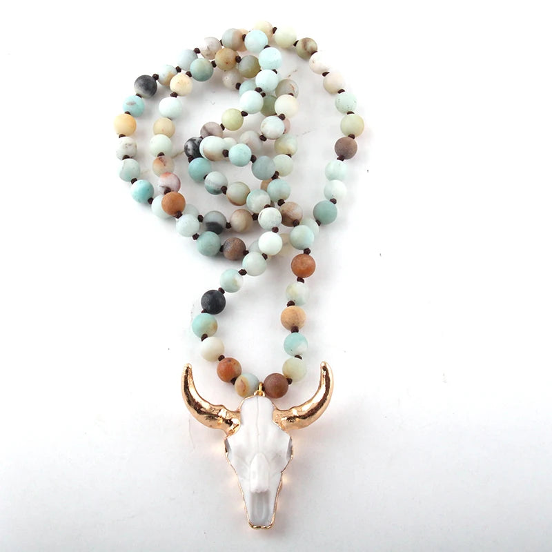 Fashion Bohemian Jewelry Amazonite Stone Knotted Horn Pendant Necklace For Women Beaded Necklace