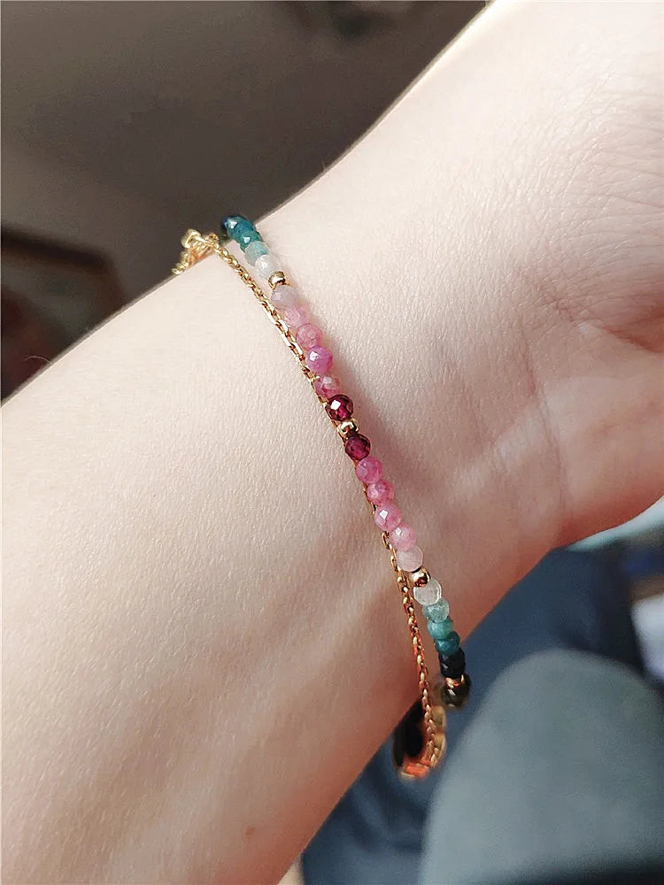Natural Colorful Mix Tourmaline Bead Bracelet Handmade Women 14K Gold Filled Chain Double Layer Bracelet Semi Precious Jewelry