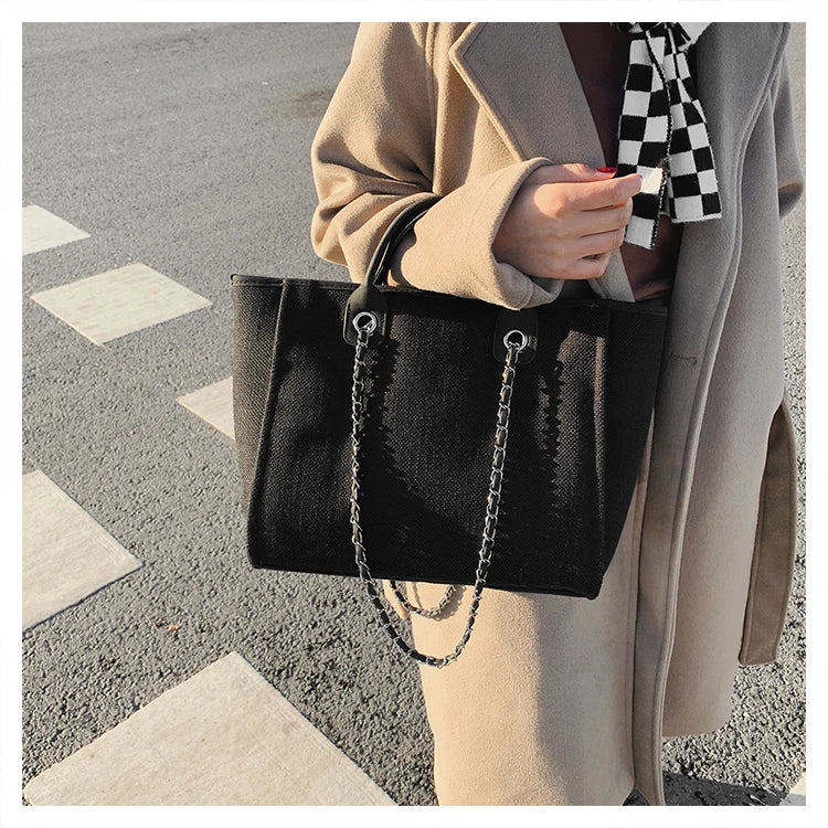 Women Tote Bag Fashion Canvas Large Capacity Handbag Casual Chains Shoulder Bags Ladies Big Messenger Bag Shopping Bag