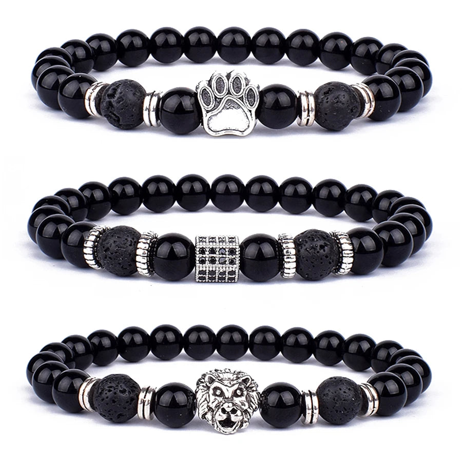 Fashion Obsidian Lion Head Charm Bracelets Men Lava Stone Zircon Prism Bracelets & Bangles for Women New Friendship Jewelry Gift