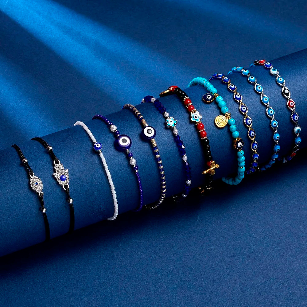 Lucky Handmade Vintage Rhinestone Palm Blue Evil Eye Pendant Link Chain Bracelet For Women Men Good Luck Bracelet Jewelry Gift