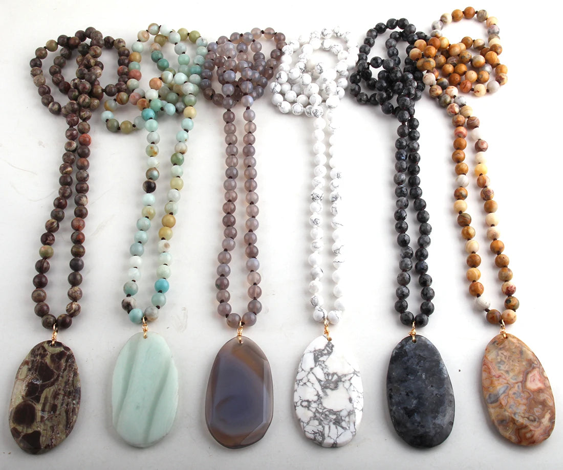 Fashion Jewelry Natural Beads Long Knotted Semi Precious Pendant Necklaces For Women Bead necklace