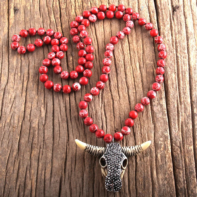 RH Fashion Boho Jewelry Empire Stones Long Knotted Bull Head Pendant Necklaces Dropship