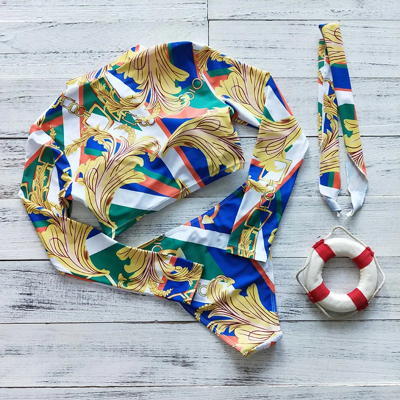 2023 Sexy Long Sleeve Bikinis Women Swimsuit Green Leaves Print Bathing Suits Beachwear Brazilian Bikini Set Biquini Female