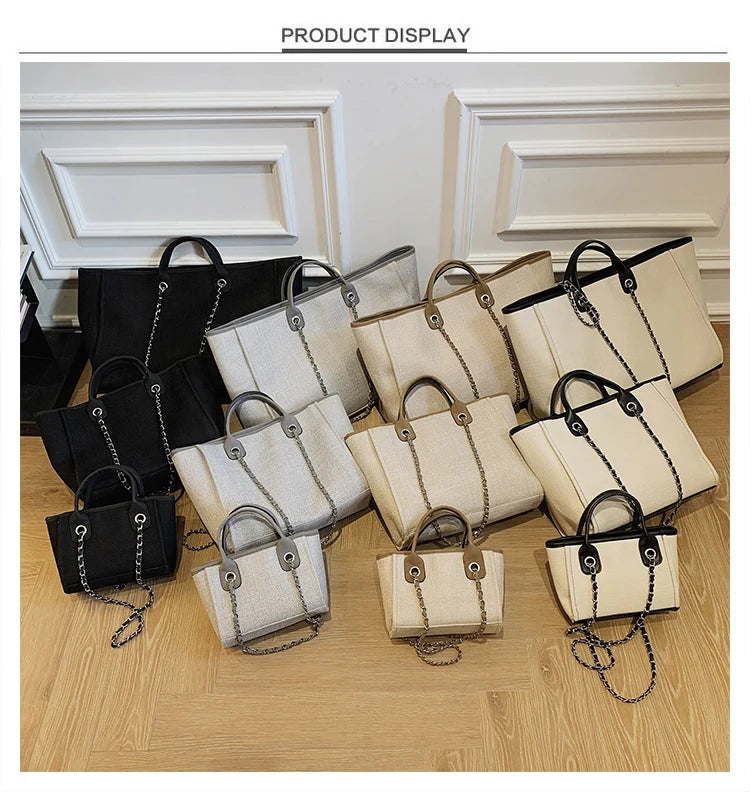 Women Tote Bag Fashion Canvas Large Capacity Handbag Casual Chains Shoulder Bags Ladies Big Messenger Bag Shopping Bag