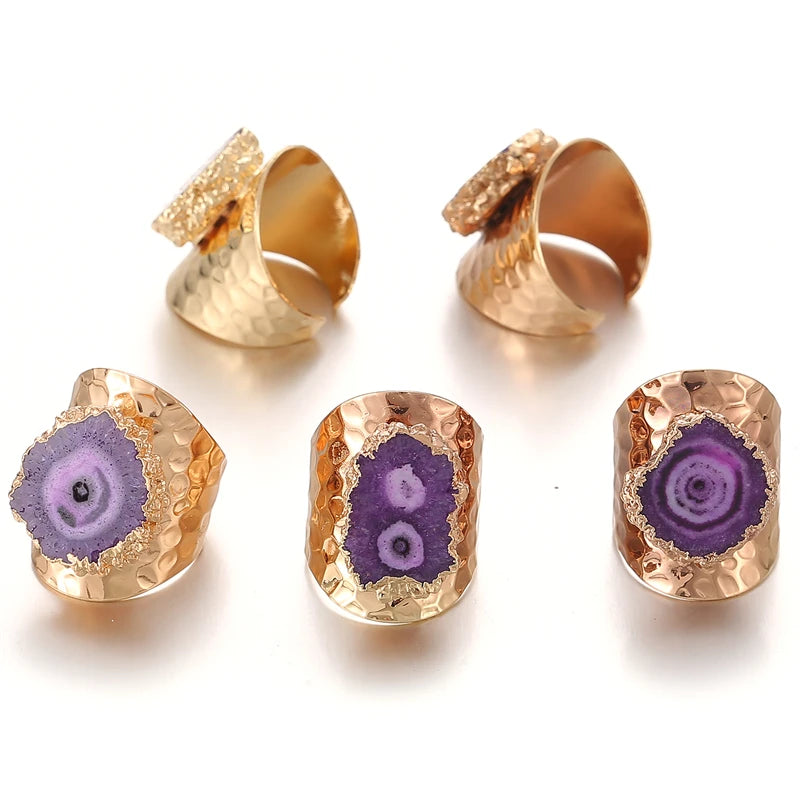Boho Irregular Natural Stone Agate Slices Sunflower Wide Open Ring for Women Gold Plated Resizable Finger Jewelry