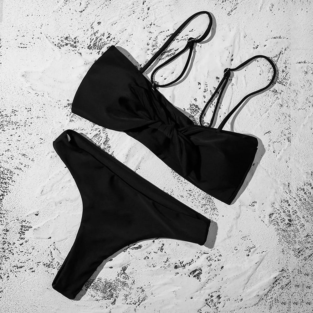 ZTVitality Sexy Solid Bow Bikinis Push Up Bikini 2021 Straps Padded Low Waist Swimsuit Bandage Swimwear Women Brazilian Biquini