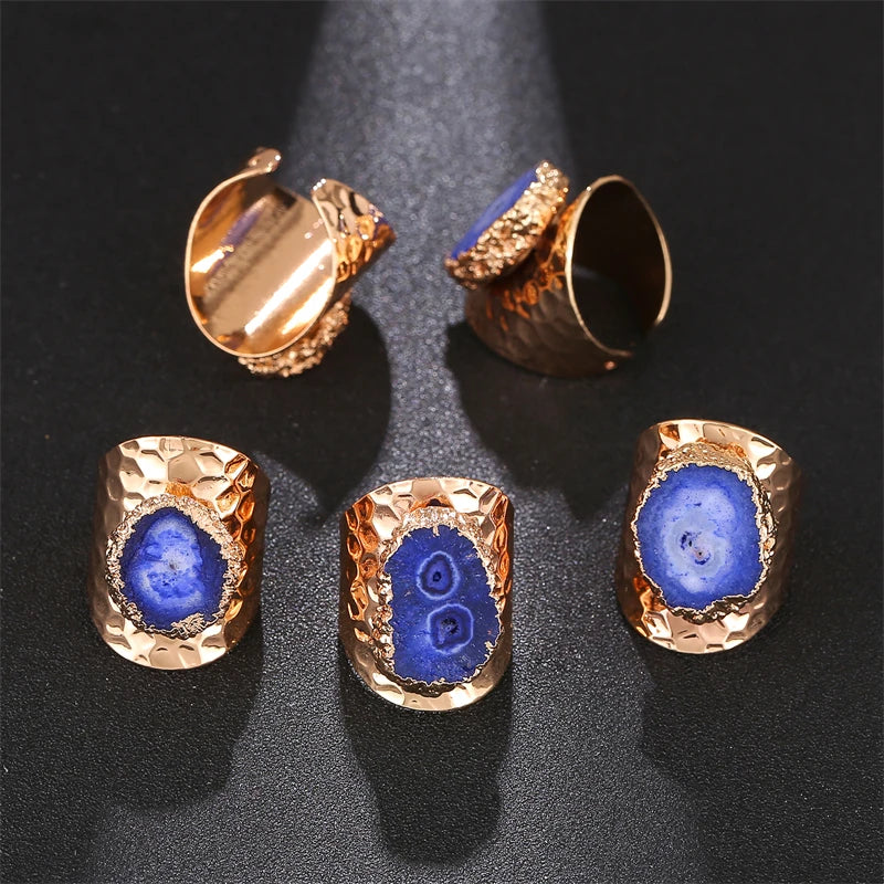 Boho Irregular Natural Stone Agate Slices Sunflower Wide Open Ring for Women Gold Plated Resizable Finger Jewelry