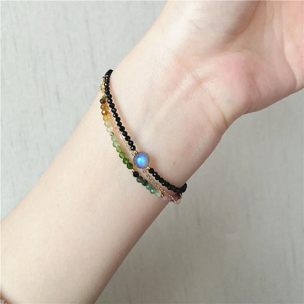 Natural Colorful Mix Tourmaline Bead Bracelet Handmade Women 14K Gold Filled Chain Double Layer Bracelet Semi Precious Jewelry