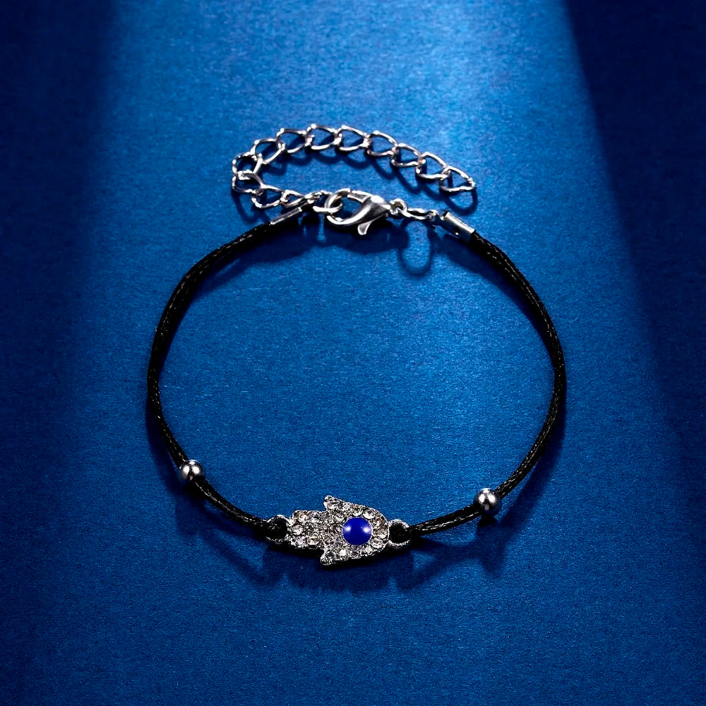 Lucky Handmade Vintage Rhinestone Palm Blue Evil Eye Pendant Link Chain Bracelet For Women Men Good Luck Bracelet Jewelry Gift