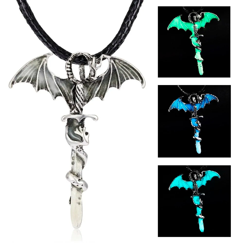 Rinhoo Vintage Magic Steampunk Glowing Luminous Punk Dragon Pendants Necklaces Mens Jewelry Glow In the dark Pendant Necklace