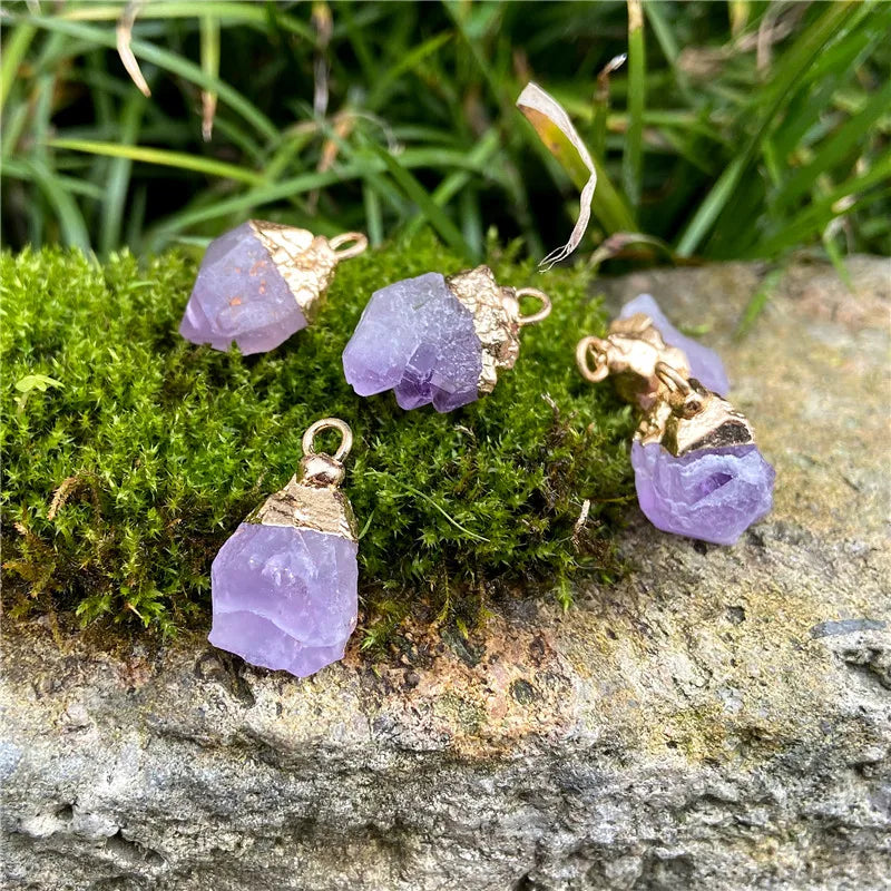 2PCS Mini Raw Stone Pendant Rough Fluorite Amethysts Tourmaline Reiki Stone Charms For Jewelry Making Handmade DIY Accessories
