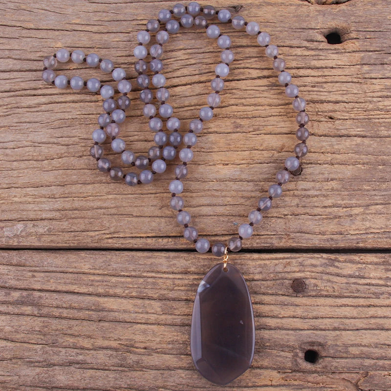 Fashion Jewelry Natural Beads Long Knotted Semi Precious Pendant Necklaces For Women Bead necklace