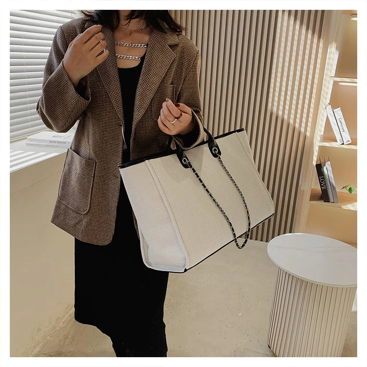 Women Tote Bag Fashion Canvas Large Capacity Handbag Casual Chains Shoulder Bags Ladies Big Messenger Bag Shopping Bag