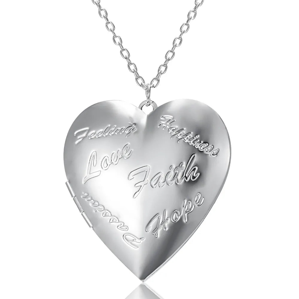 Unique Carved Design Heart-shaped Photo Frame Pendant Necklace Charm Openable Locket Necklaces Women Men Memorial Jewelry