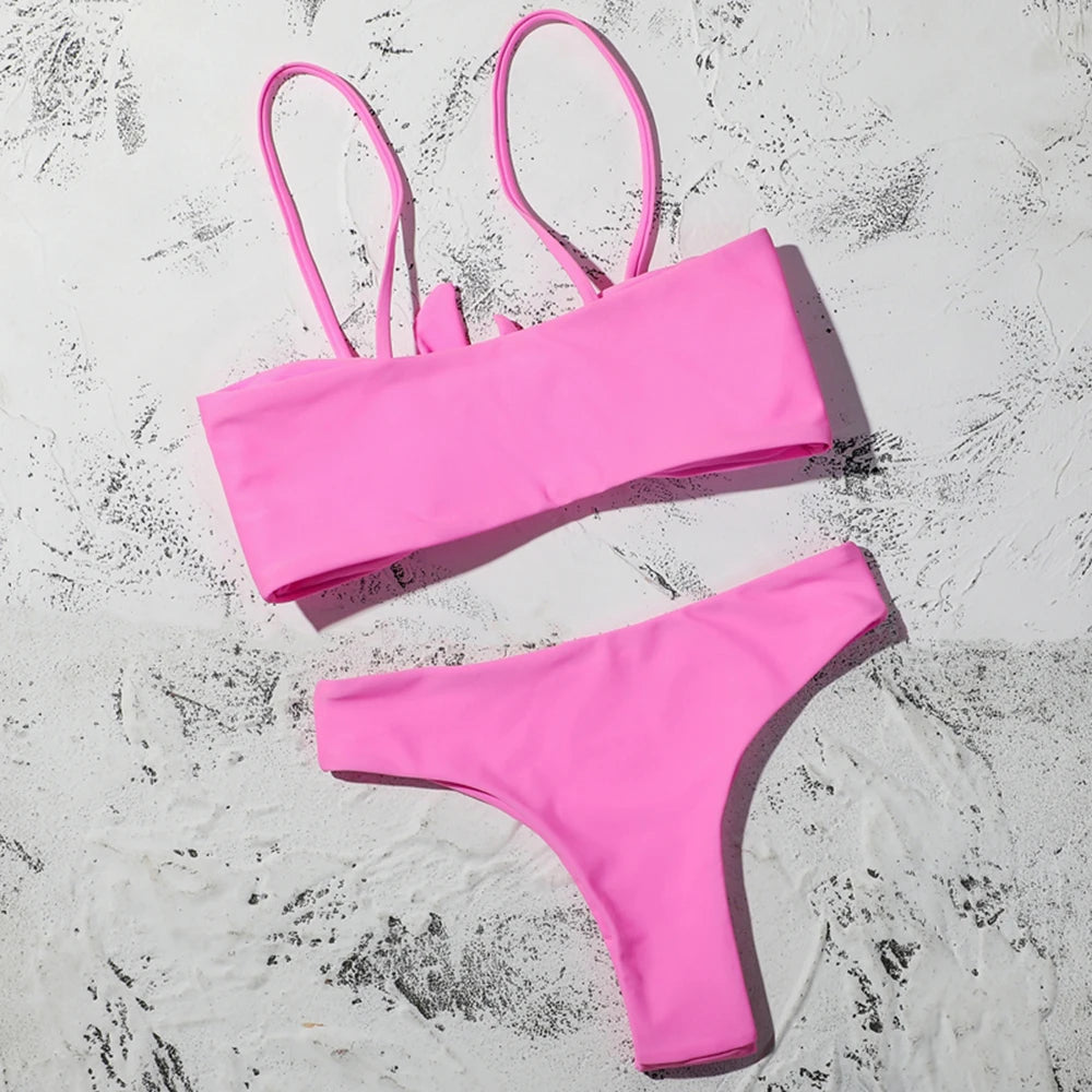 ZTVitality Sexy Solid Bow Bikinis Push Up Bikini 2021 Straps Padded Low Waist Swimsuit Bandage Swimwear Women Brazilian Biquini