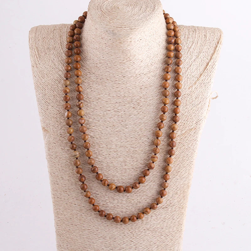 New Bohemian Jewelry long Knotted Halsband 8mm 125-128cm Double wrap Natural Stone Necklace