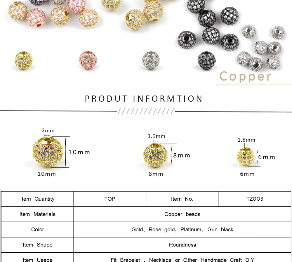 JHNBY 4pcs White Zircon Copper Spacer Beads 6/8/10mm Round Pave CZ Crystal Ball Loose Beads Jewelry Bracelet Making DIY Findings