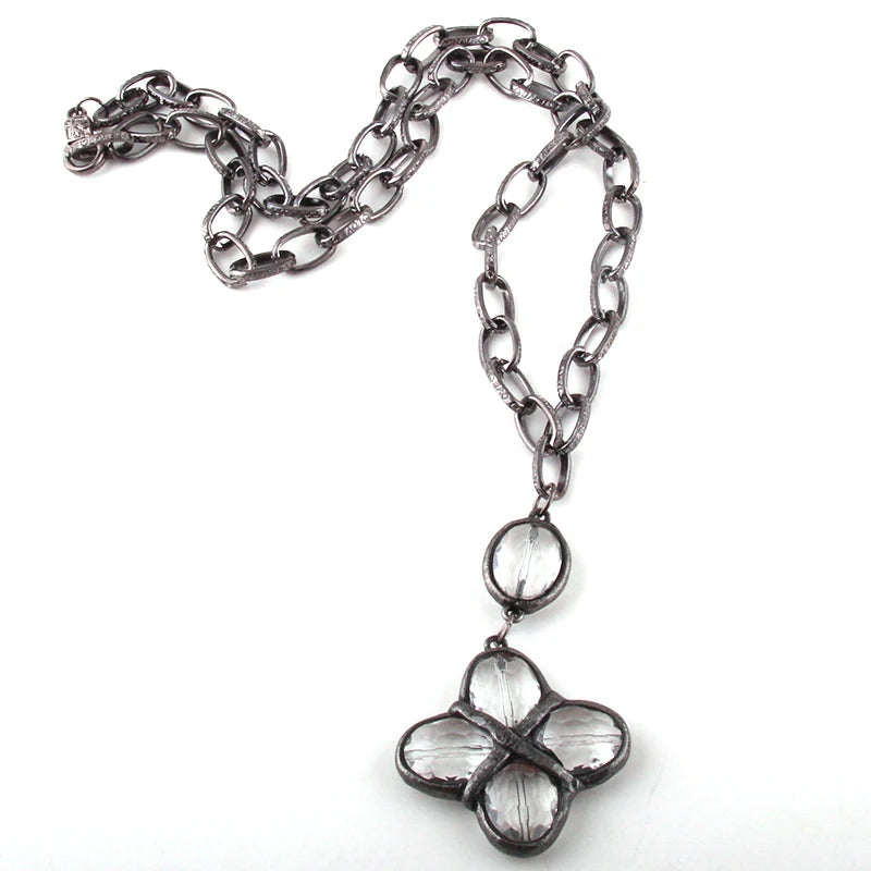 Fashion Bohemian Jewelry Black Gun Plated Chain Glass Pendant Solider Cross Necklaces