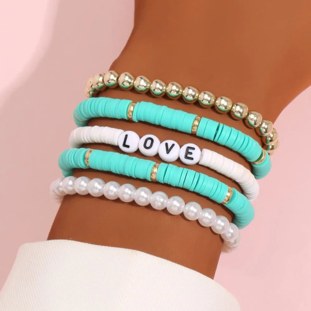 Fashion Rainbow Stackable Bracelets Set For Women Heart Charm Soft Clay Pottery Layering Beads Chain Bangle Female Boho Jewelry